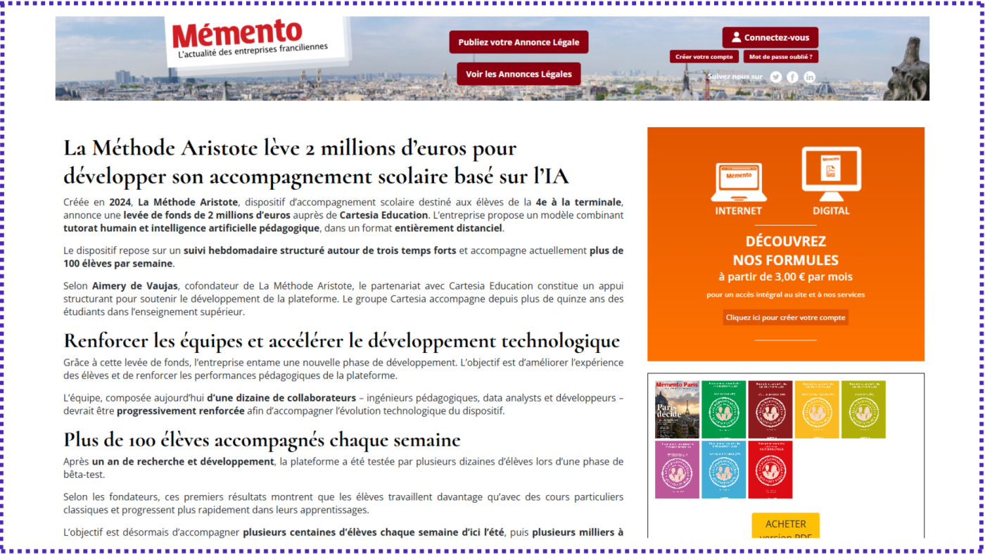 La Méthode Aristote lève 2 millions d’euros pour développer son accompagnement scolaire basé sur l’IA