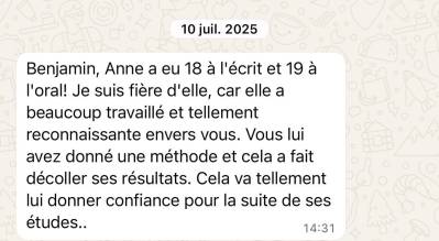 Anne a eu 18 à l'écrit et 19 à l'oral ! Vous lui avez donné une méthode et cela a fait décoller ses résultats.