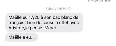 Maëlle eu 17/20 à son bac blanc de français. Lien de cause à effet avec Aristote, je pense. Merci