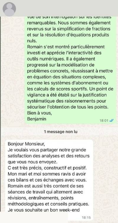 C'est très précis, constructif et positif. Mon mari et moi sommes ravis d'avoir ces bilans et ces échanges avec vous. Notre fils est aussi très content de ses séances de travail.